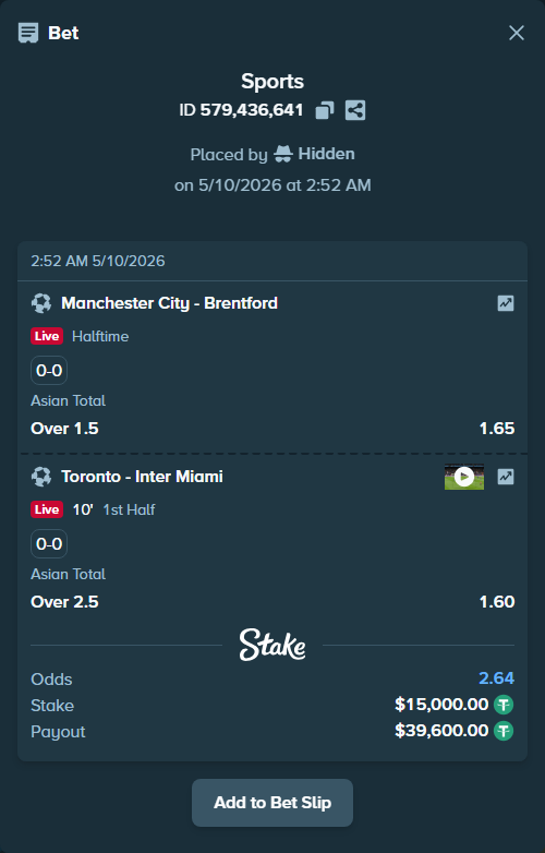 Bet slip: Manchester City - Brentford, $15,000.00 stake at 1.65 odds, placed by Hidden