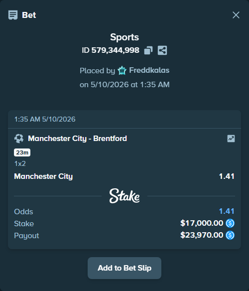 Bet slip: Manchester City - Brentford, $17,000.00 stake at 1.41 odds, placed by Freddkalas