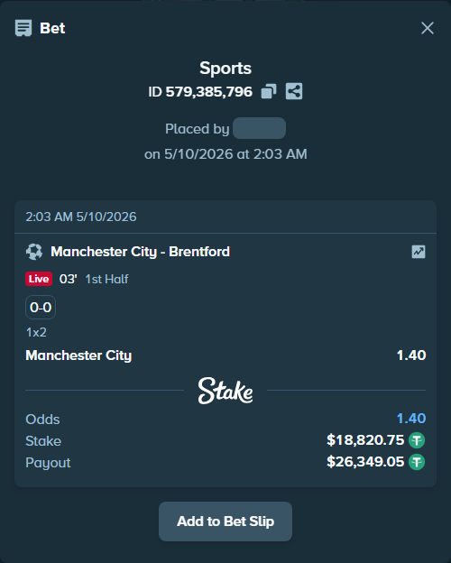 Bet slip: Manchester City - Brentford, $18,820.75 stake at 1.40 odds, placed by MaryamRich