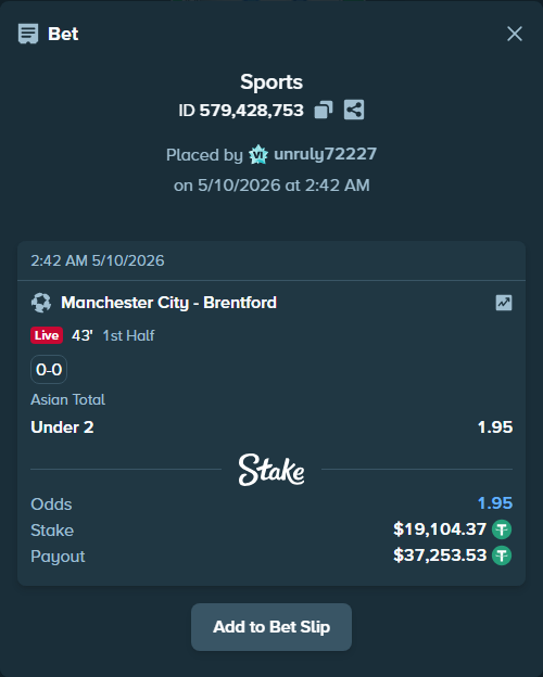 Bet slip: Manchester City - Brentford, $19,104.37 stake at 1.95 odds, placed by unruly72227