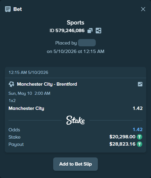 Bet slip: Manchester City - Brentford, $20,298.00 stake at 1.42 odds, placed by Host97