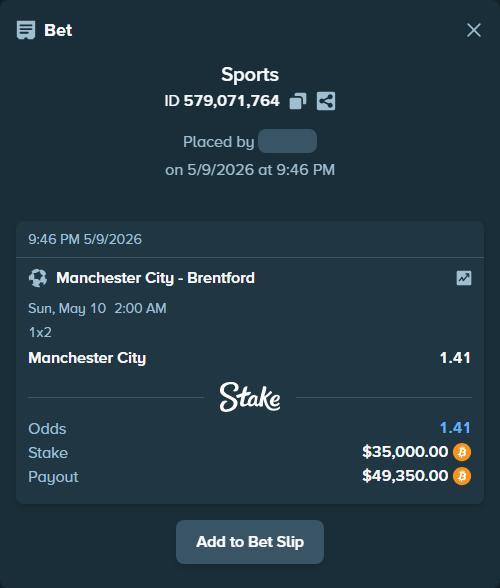 Bet slip: Manchester City - Brentford, $28,010.88 stake at 1.41 odds, placed by Flokisbakende
