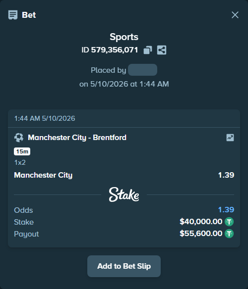 Bet slip: Manchester City - Brentford, $40,000.00 stake at 1.39 odds, placed by Mathiaskf02
