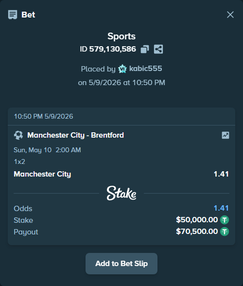 Bet slip: Manchester City - Brentford, $50,000.00 stake at 1.41 odds, placed by kabic555