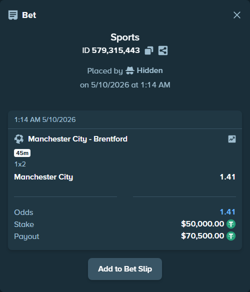 Bet slip: Manchester City - Brentford, $50,000.00 stake at 1.41 odds, placed by kabic555
