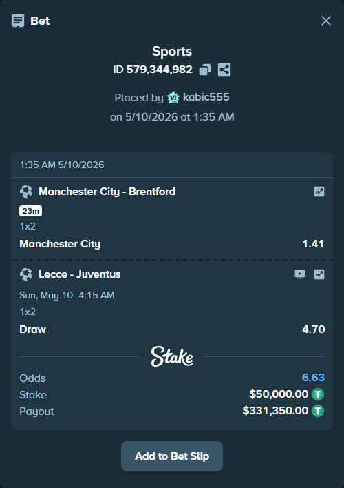 Bet slip: Manchester City - Brentford, $50,000.00 stake at 1.41 odds, placed by kabic555