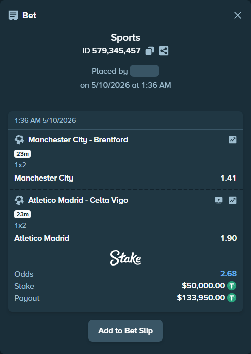 Bet slip: Manchester City - Brentford, $50,000.00 stake at 1.41 odds, placed by Robertchoinski