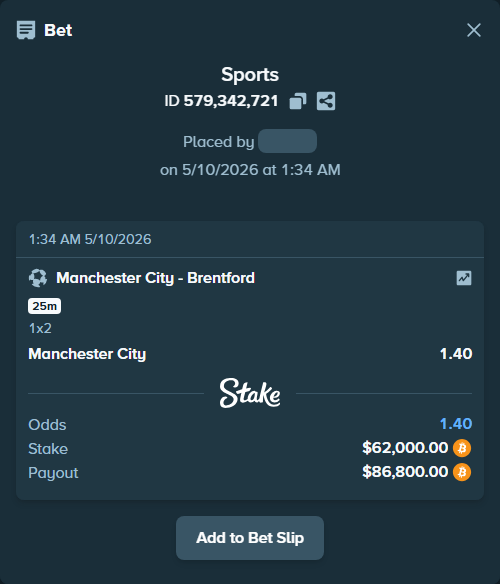 Bet slip: Manchester City - Brentford, $49,407.31 stake at 1.40 odds, placed by ArvaPandaM
