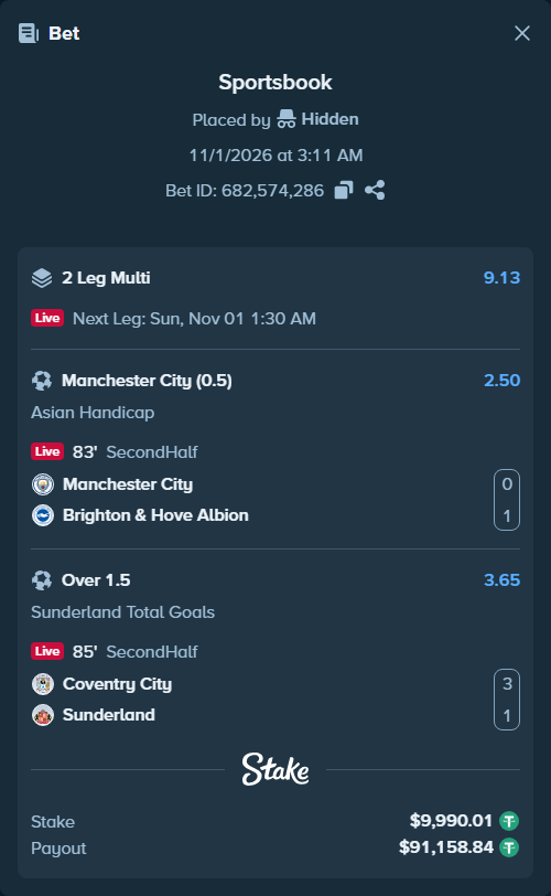 Bet slip: Manchester City - Brighton, $10,000.00 stake at 2.50 odds, placed by Hidden