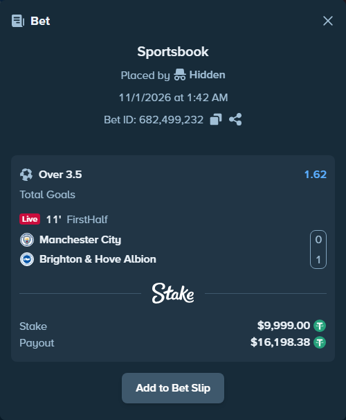 Bet slip: Manchester City - Brighton, $10,009.00 stake at 1.62 odds, placed by Hidden