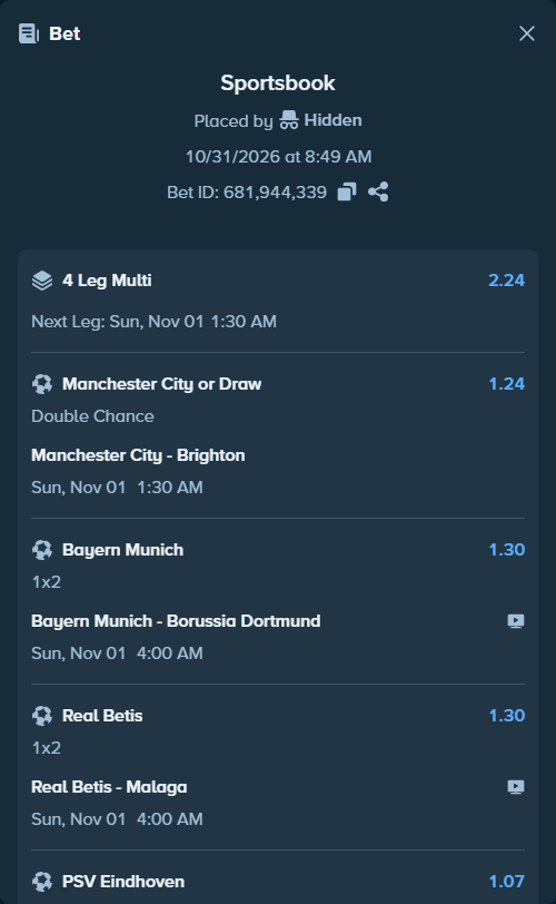 Bet slip: Manchester City - Brighton, $10,124.00 stake at 1.24 odds, placed by Hidden