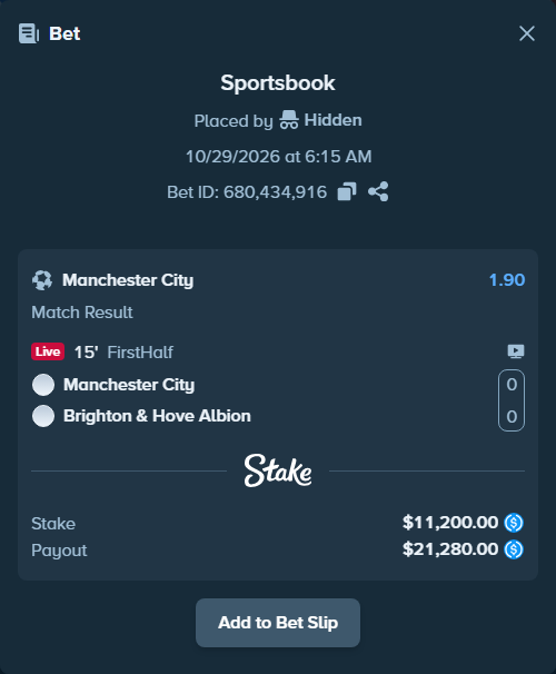 Bet slip: Manchester City - Brighton, $11,200.00 stake at 1.90 odds, placed by Melia212