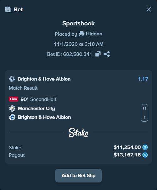 Bet slip: Manchester City - Brighton, $11,254.00 stake at 1.17 odds, placed by andersmoerken