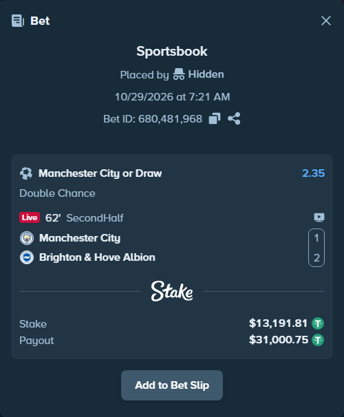 Bet slip: Manchester City - Brighton, $13,205.00 stake at 2.35 odds, placed by Hidden