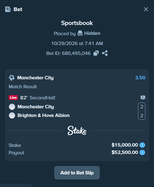 Bet slip: Manchester City - Brighton, $15,000.00 stake at 3.50 odds, placed by Hidden