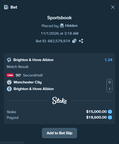 Bet slip: Manchester City - Brighton, $15,000.00 stake at 1.24 odds, placed by andersmoerken