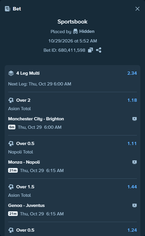 Bet slip: Manchester City - Brighton, $16,199.18 stake at 1.18 odds, placed by Hidden