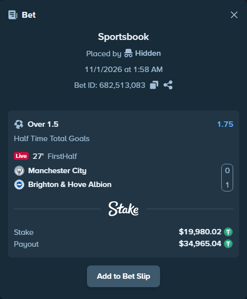 Bet slip: Manchester City - Brighton, $20,000.00 stake at 1.75 odds, placed by tlwns4736