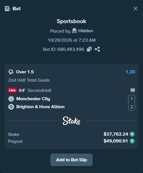 Bet slip: Manchester City - Brighton, $37,800.00 stake at 1.30 odds, placed by Jackpoor