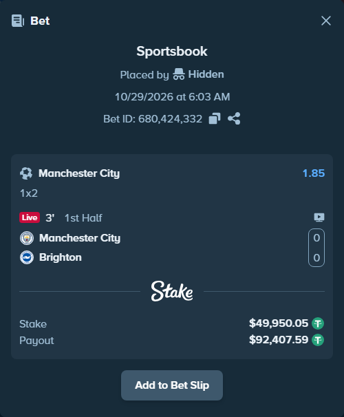 Bet slip: Manchester City - Brighton, $50,000.00 stake at 1.85 odds, placed by Hidden