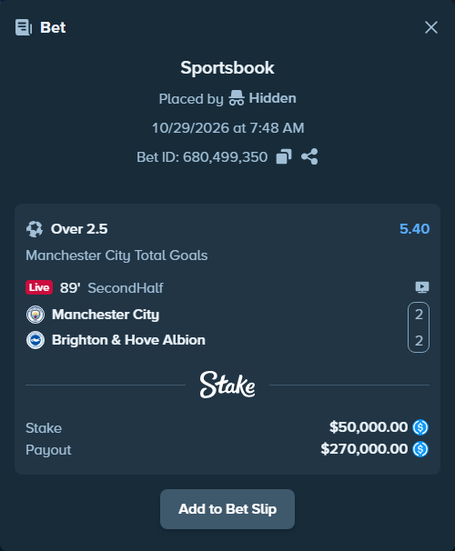 Bet slip: Manchester City - Brighton, $50,000.00 stake at 5.40 odds, placed by Hidden
