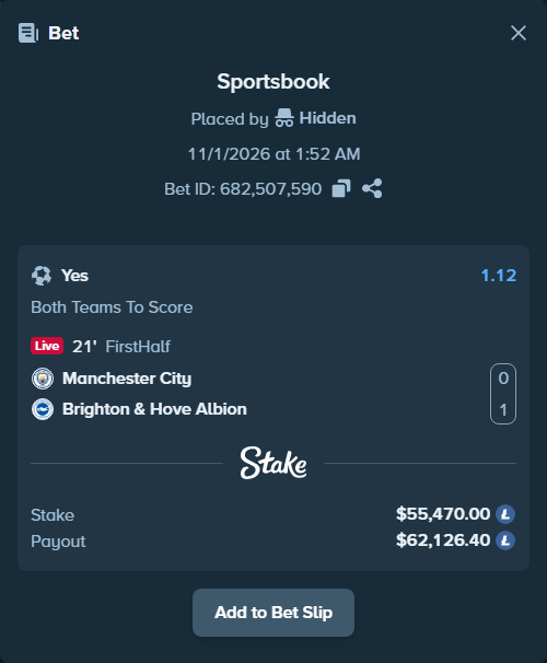 Bet slip: Manchester City - Brighton, $55,733.71 stake at 1.12 odds, placed by Hidden