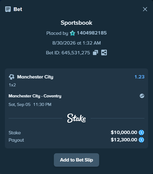 Bet slip: Manchester City - Coventry, $10,000.00 stake at 1.23 odds, placed by 1404982185