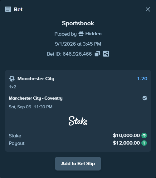 Bet slip: Manchester City - Coventry, $10,000.00 stake at 1.20 odds, placed by Hidden