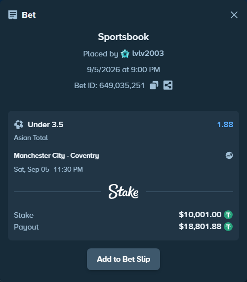Bet slip: Manchester City - Coventry, $10,000.00 stake at 1.88 odds, placed by lvlv2003