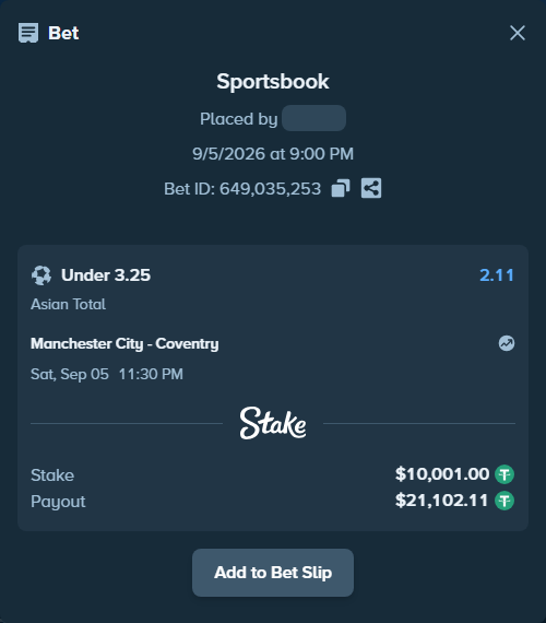 Bet slip: Manchester City - Coventry, $10,000.00 stake at 2.11 odds, placed by lvlv2003