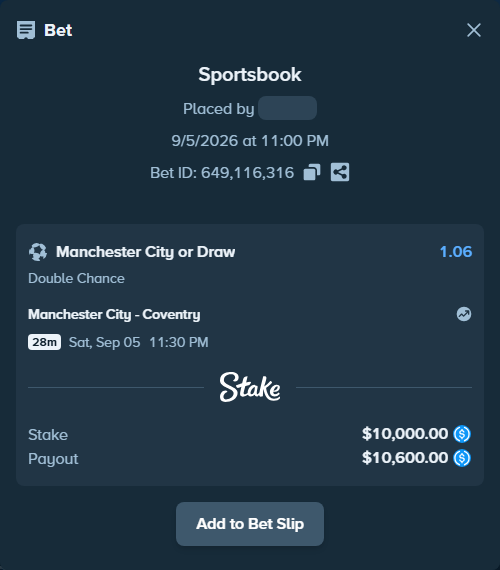 Bet slip: Manchester City - Coventry, $10,000.00 stake at 1.06 odds, placed by bjellesau17