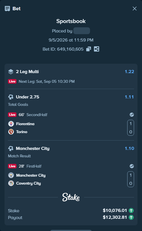 Bet slip: Manchester City - Coventry, $10,075.00 stake at 1.10 odds, placed by RSAUTOTECH
