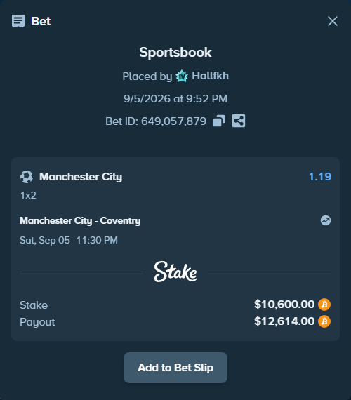 Bet slip: Manchester City - Coventry, $10,632.02 stake at 1.19 odds, placed by Hallfkh