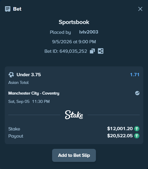 Bet slip: Manchester City - Coventry, $12,000.00 stake at 1.71 odds, placed by lvlv2003