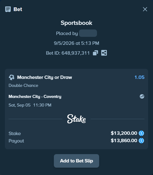 Bet slip: Manchester City - Coventry, $13,200.00 stake at 1.05 odds, placed by Caryl4uu