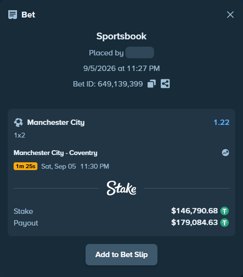 Bet slip: Manchester City - Coventry, $146,776.00 stake at 1.22 odds, placed by partizanti22