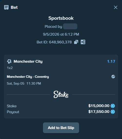 Bet slip: Manchester City - Coventry, $15,000.00 stake at 1.17 odds, placed by Andreasteig
