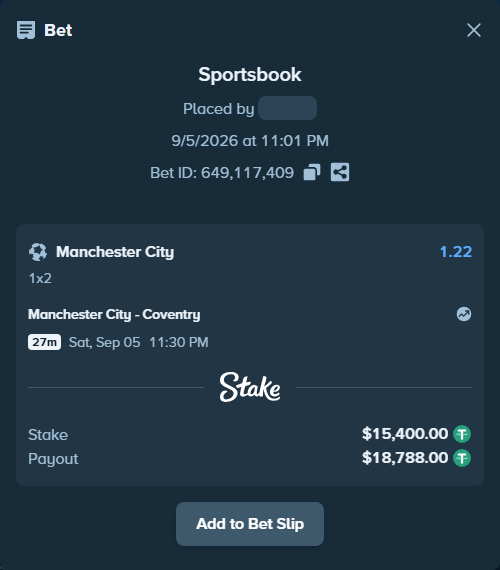 Bet slip: Manchester City - Coventry, $15,398.46 stake at 1.22 odds, placed by Petter921