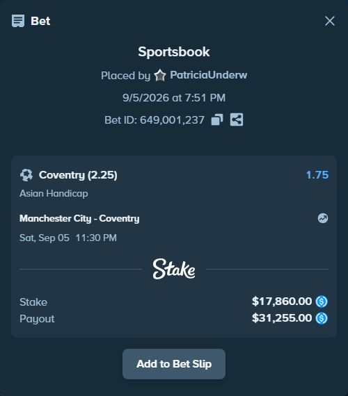 Bet slip: Manchester City - Coventry, $17,860.00 stake at 1.75 odds, placed by PatriciaUnderw