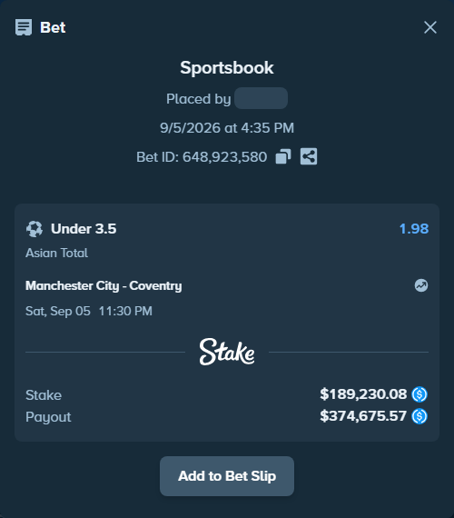 Bet slip: Manchester City - Coventry, $189,230.08 stake at 1.98 odds, placed by dabgang