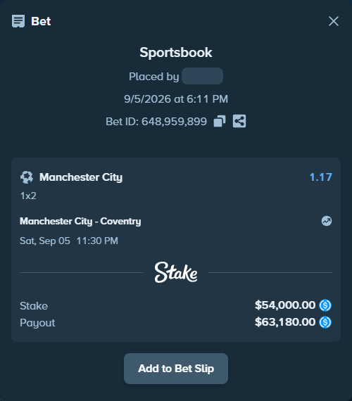 Bet slip: Manchester City - Coventry, $54,000.00 stake at 1.17 odds, placed by LinnPersonal