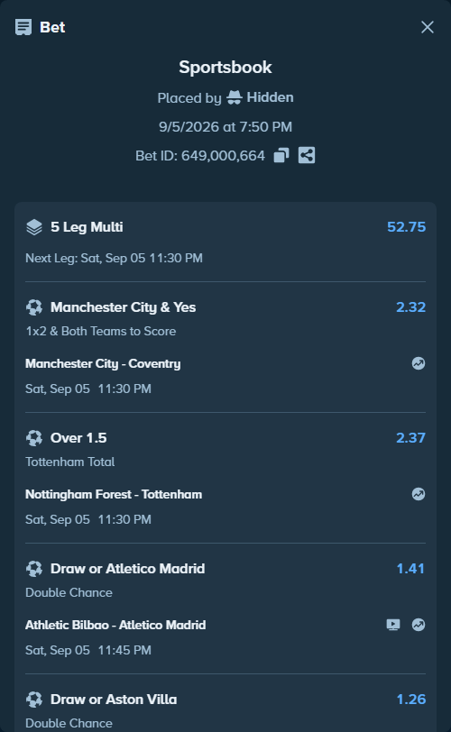 Bet slip: Manchester City - Coventry, $56,900.00 stake at 2.32 odds, placed by Hidden