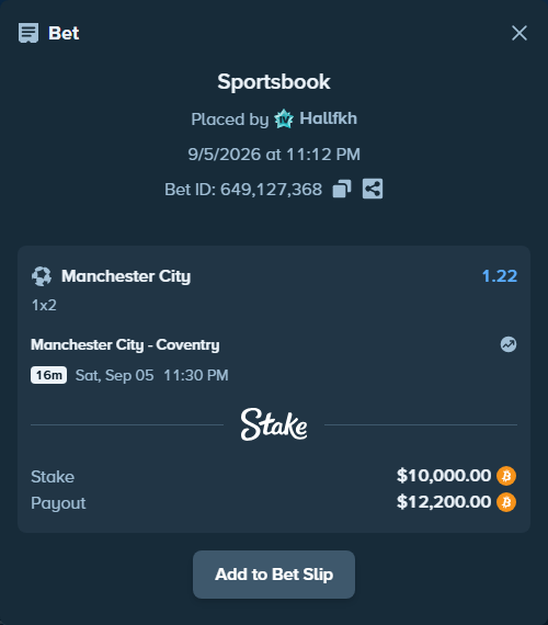 Bet slip: Manchester City - Coventry, $10,006.99 stake at 1.22 odds, placed by Hallfkh