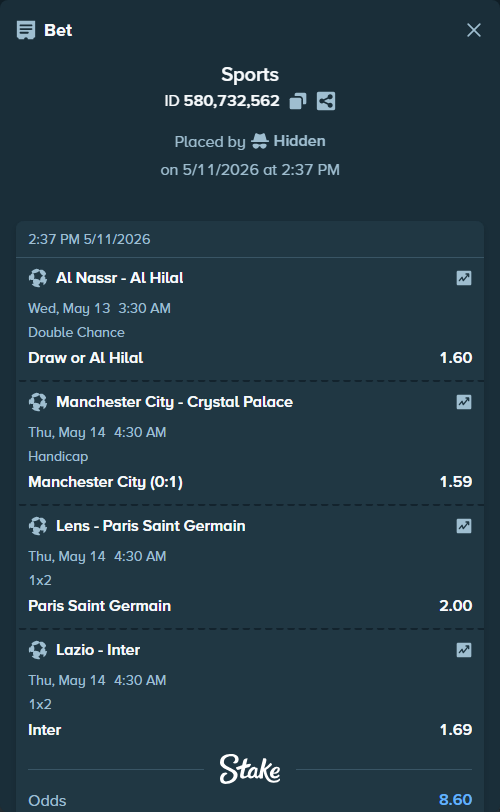Bet slip: Manchester City - Crystal Palace, $10,000.00 stake at 1.59 odds, placed by Hidden