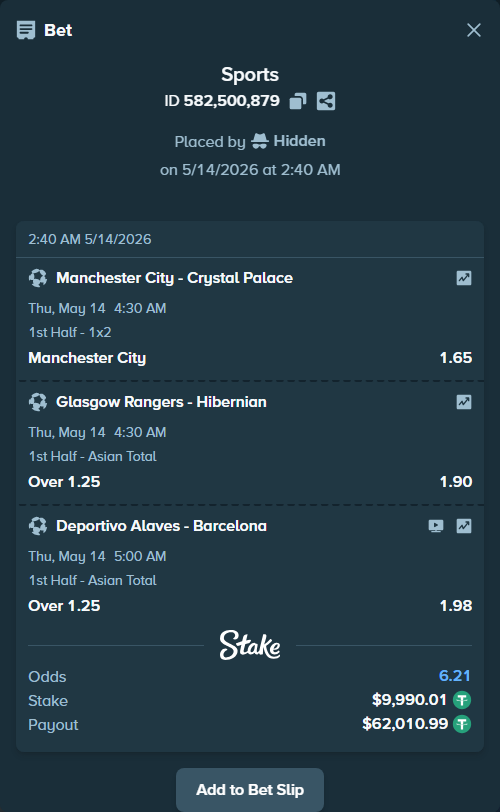 Bet slip: Manchester City - Crystal Palace, $10,000.00 stake at 1.65 odds, placed by Hidden