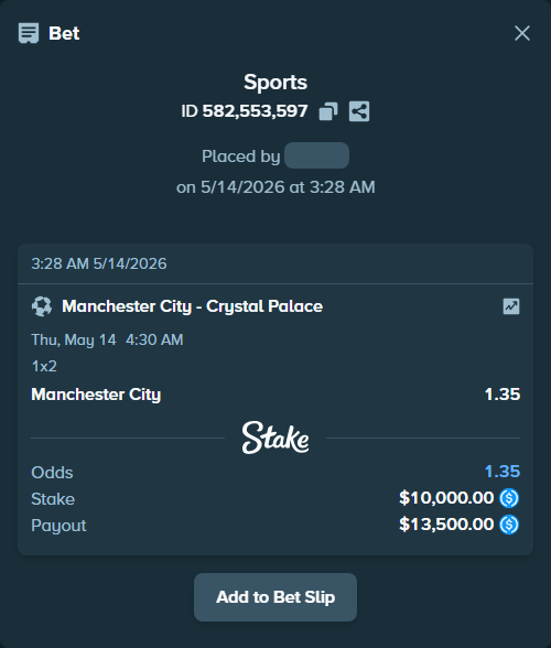 Bet slip: Manchester City - Crystal Palace, $10,000.00 stake at 1.35 odds, placed by LinnPersonal