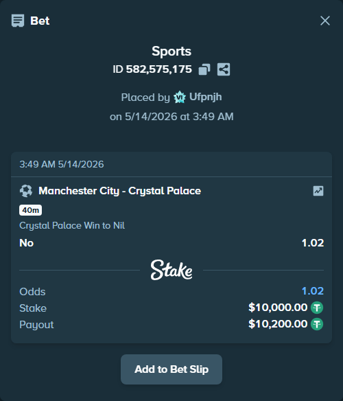Bet slip: Manchester City - Crystal Palace, $10,000.00 stake at 1.02 odds, placed by Ufpnjh
