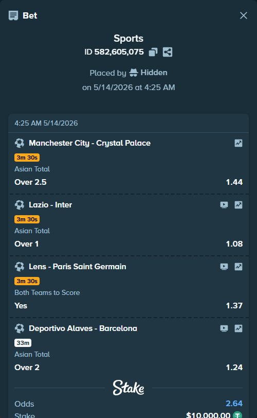Bet slip: Manchester City - Crystal Palace, $10,000.00 stake at 1.44 odds, placed by Hidden