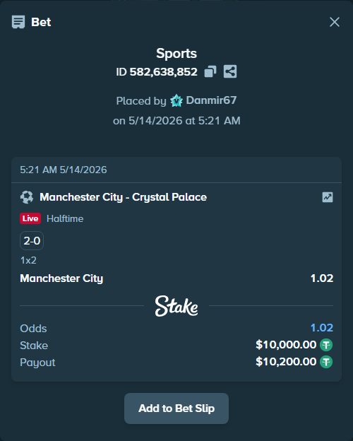 Bet slip: Manchester City - Crystal Palace, $10,000.00 stake at 1.02 odds, placed by Danmir67