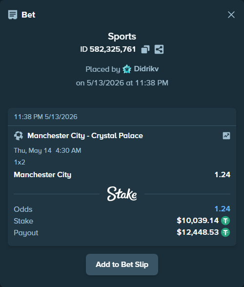 Bet slip: Manchester City - Crystal Palace, $10,039.14 stake at 1.24 odds, placed by Didrikv